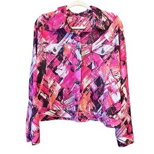 Notation Women XL Hot Pink Abstract Brushstroke Pattern Sequin Button Jacket 90s